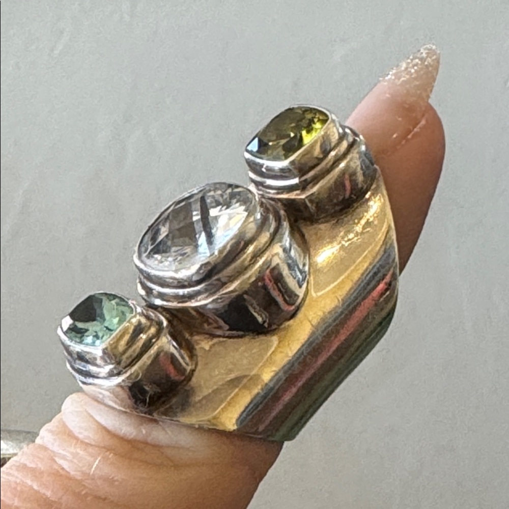 Solid Sterling Silver Ring With Green And Blue Ge… - image 1